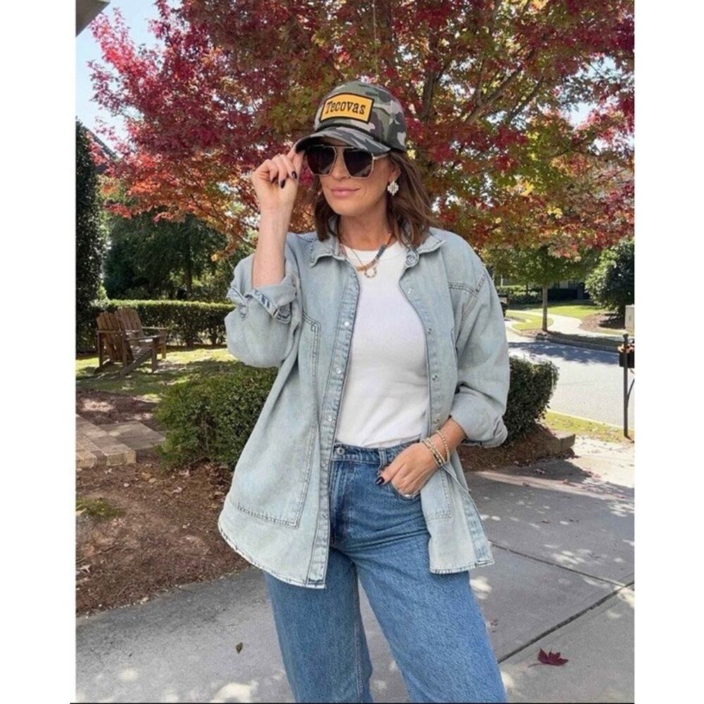 Wild Fable Shacket LS Shirt Women's Sz L Light Wash Denim Pearl Snap Western NWT